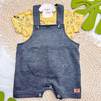 Conj. Camiseta Dinos e Jardineira em Moletinho - Chumbo e Amarelo Deserto